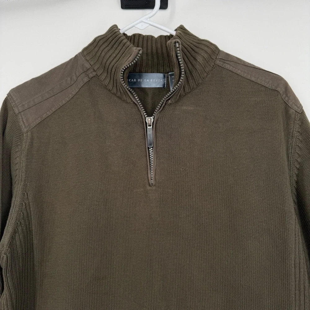 Oscar de la Renta Men Quarter Zip‎ Knit Sweater Olive Green Size L Preppy Office